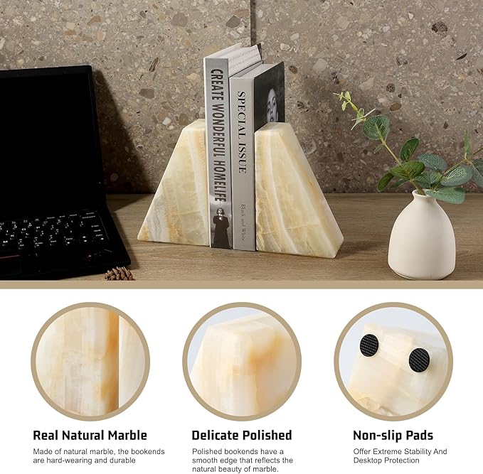 Marble Bookend for Heavy Books, Decorative Bookends for Shelves, Durable and Heavy-Duty Book End for Hardback Book & CDS, Unique Stopper & Holder, Green Onyx, Set of 2