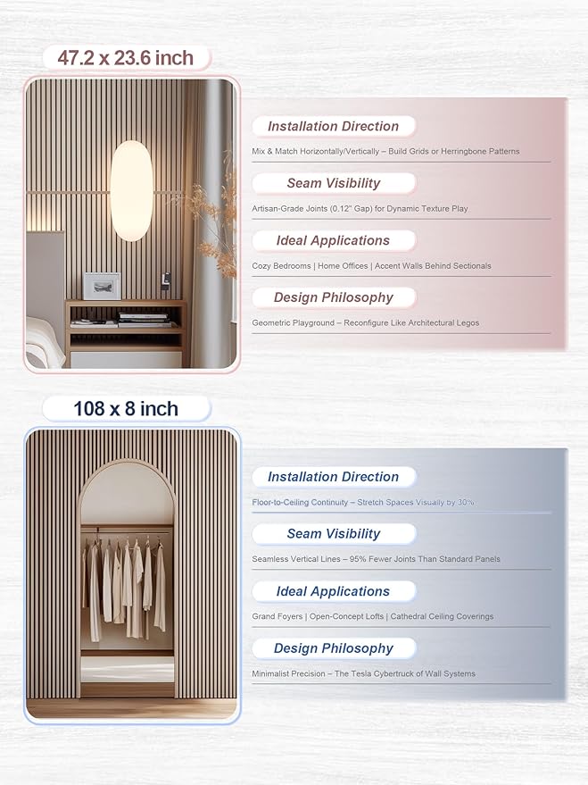 Mollywell Wood Slat Wall Panels - Time-Saving Installation Soundproof Slat Panels on Any Wall Surface, 0.95 NRC Dual-Layer Acoustic Design, Commercial-Grade MDF Core (2 Pack, 108x8in, White Oak)