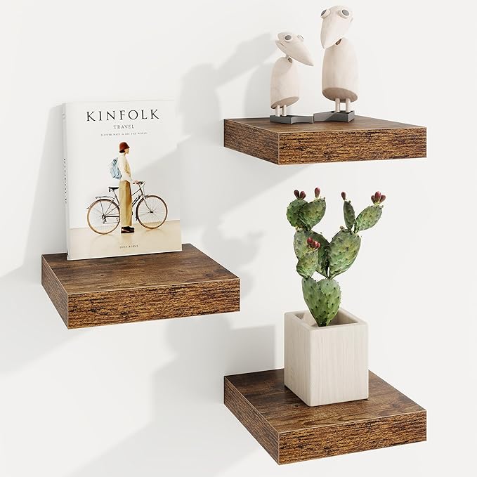 Square Floating Shelves for Wall, 8"W x 8"D x 1.25"H, 3 Pack Small Wall Mounted Engineered Wood Shelves with Invisible Brackets for Living Room, Bedroom, Bathroom, Kitchen Decor, Rustic Brown