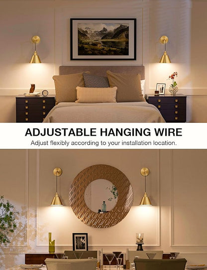 NIORSUN Brushed Gold Battery Operated Wall Sconce Set of 2, 5200mAh Dimmable Detachable Bulbs and Remote Wireless Rechargeable Wall Lights, 9 Colors Sconces Wall Decor for Bedroom Living Room Hallway