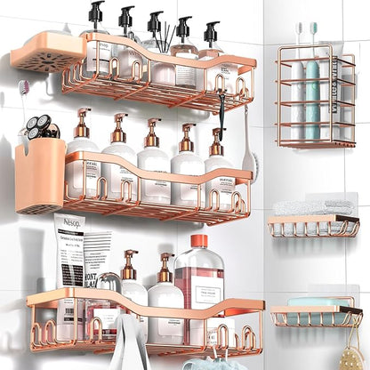 Shower Caddy Adhesive Shower Organizer 8-Pack, Rustproof Stainless Steel Bathroom Shelves, Large Capacity No-Drill Rack Storage Accessories with Soap Dish Toothbrush Holder Hooks