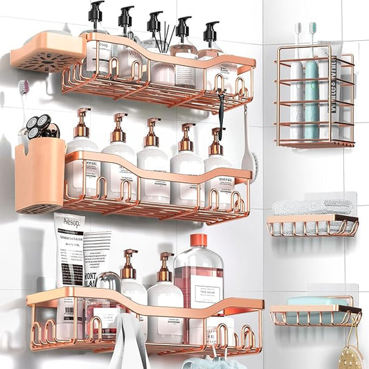 Shower Caddy Adhesive Shower Organizer 8-Pack, Rustproof Stainless Steel Bathroom Shelves, Large Capacity No-Drill Rack Storage Accessories with Soap Dish Toothbrush Holder Hooks