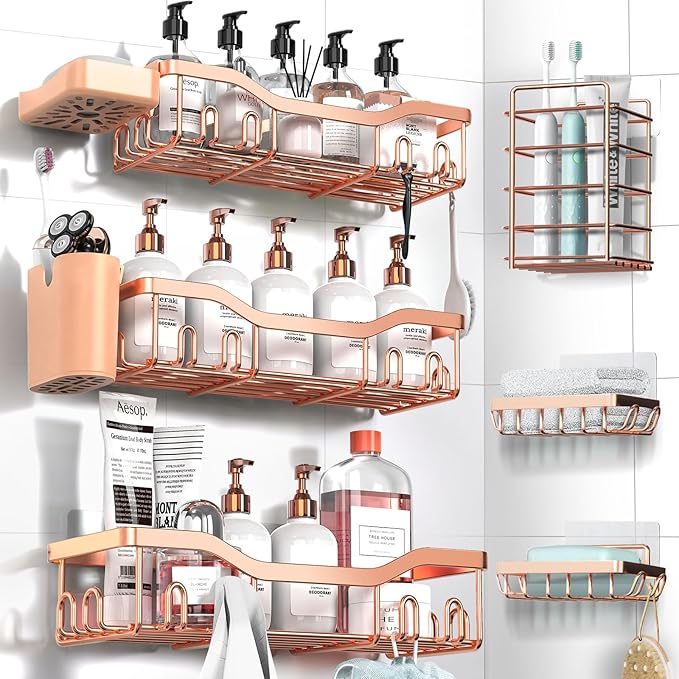 Shower Caddy Adhesive Shower Organizer 8-Pack, Rustproof Stainless Steel Bathroom Shelves, Large Capacity No-Drill Rack Storage Accessories with Soap Dish Toothbrush Holder Hooks
