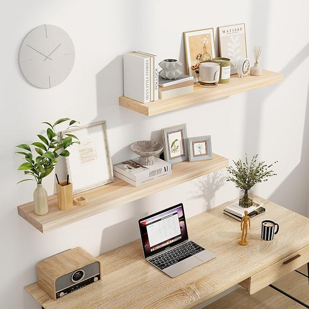 Fun Memories Floating Shelves, 9.3 Inch Deep Solid Pine Wood Wall Shelves for Storage, Wall Mounted Display Shelf with Invisible Heavy-Duty Metal Bracket, 48 Inch Width, Unfinished - DIY Stain