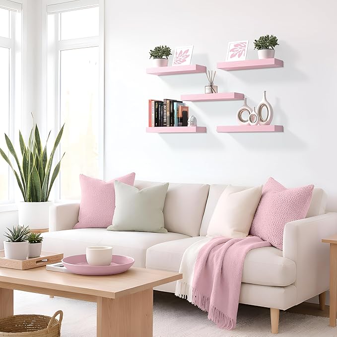 Sorbus Floating Shelves for Wall – 16 Inch Floating Shelf for Kitchen, Bedroom, Living Room, Bathroom, Home & Wall Decor - Mounted Bathroom Shelves with Invisible Brackets (Soft Pink, 2 Pack)