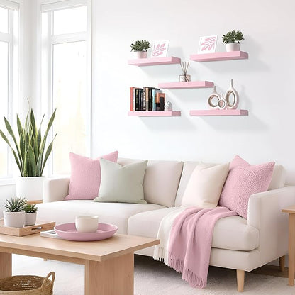 Sorbus Floating Shelves for Wall – 16 Inch Floating Shelf for Kitchen, Bedroom, Living Room, Bathroom, Home & Wall Decor - Mounted Bathroom Shelves with Invisible Brackets (Soft Pink, 5 Pack)