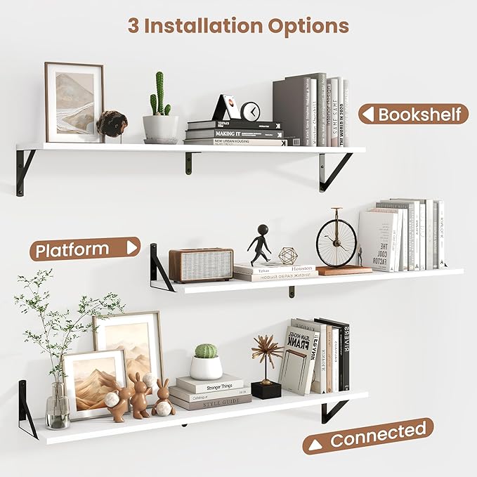 Axeman 40 Inch Floating Shelves | 8 Inch Deep White Wall Shelves Set of 2 | 39.4" W x 8" D Rustic White Wood Shelves for Bathroom Kitchen Living Room