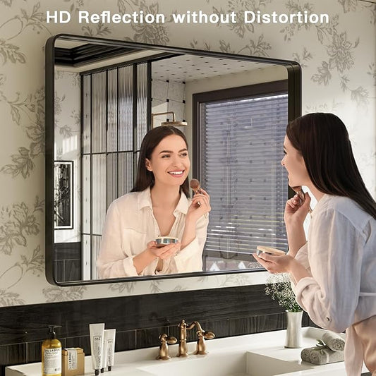 ISKM Black Metal Framed Wall Mirror for Bathroom 36" x 36" Rounded Corner Rectangle Mirror Bedroom Vanity Mirrors Wall Mounted Tempered Glass