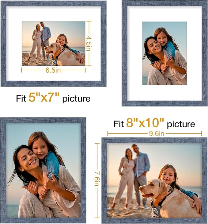 Vittanly 8x10 Picture Frames Set of 4, Display Pictures 5x7 with Mat or 8x10 without Mat, Gallery Frame Set for Wall or Tabletop Display, Engineered Wood with Shatter Resistant Plexiglass, Navy Blue