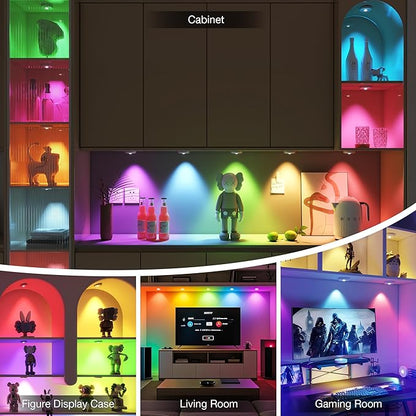 RGB Puck Lights with Remote Control, 2000mAh Battery Operated Tap Lights Rechargeable, 9 Colors & 2 Dynamic Changing Under Cabinet Lighting, Magnetic Stick on Light for Closet(Silver, 3 Pack)