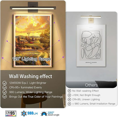 LED Picture Light, Hard-Wired Connection Dimmable Adjustable Artwork Light, 12W (60W Eqv.) CRI95+ 16.54" Black Gallery Light for Paintings Display Picture Frame Dartboard, Warm White 3000K