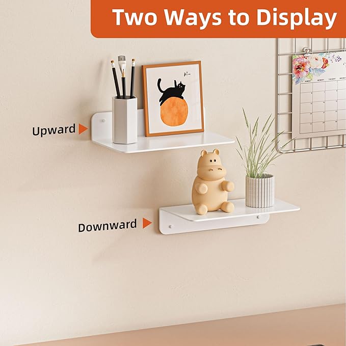 Small Floating Shelves, 9" Adhesive Wall Shelf with Cable Hole, No Drilling, Metal Display Ledges for Living Room, Bedroom, Bathroom (Glossy White, 2 Pack)