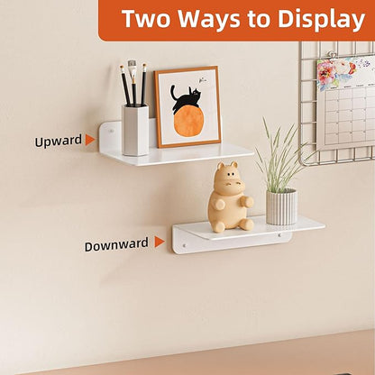 Small Floating Shelves, 9" Adhesive Wall Shelf with Cable Hole, No Drilling, Metal Display Ledges for Living Room, Bedroom, Bathroom (Glossy White, 2 Pack)