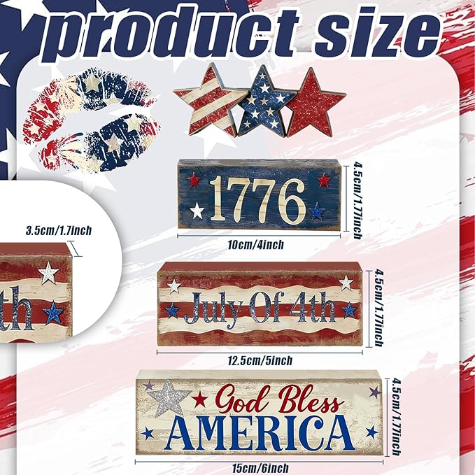 4th of July Table Decorations Patriotic Memorial Day Tiered Tray Decor Wooden Star Block Signs Independence Farmhouse 250th July Fouth Centerpiece for Tables Wooden Sign for Home Decor