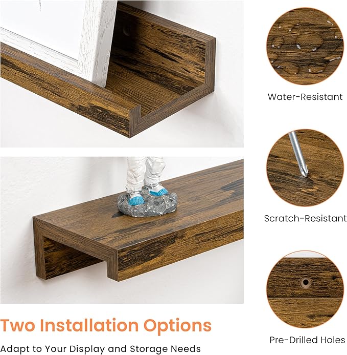 RICHFOCUS Picture Ledge Shelf, 16 inch Floating Shelves Set of 2, Wood Wall Shelves with Lip, Wall Decor Storage for Bedroom Living Room Bathroom Kitchen Nursery Photo Picture, Rustic Brown