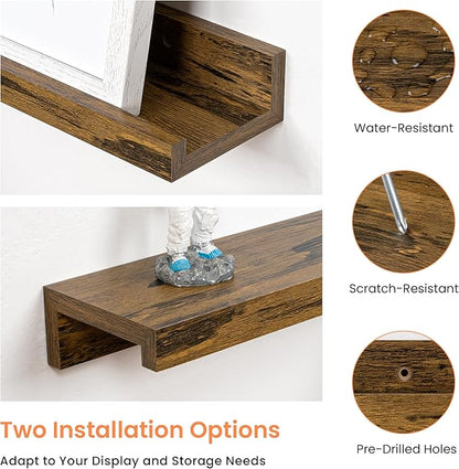 RICHFOCUS Picture Ledge Shelf, 16 inch Floating Shelves Set of 2, Wood Wall Shelves with Lip, Wall Decor Storage for Bedroom Living Room Bathroom Kitchen Nursery Photo Picture, Rustic Brown