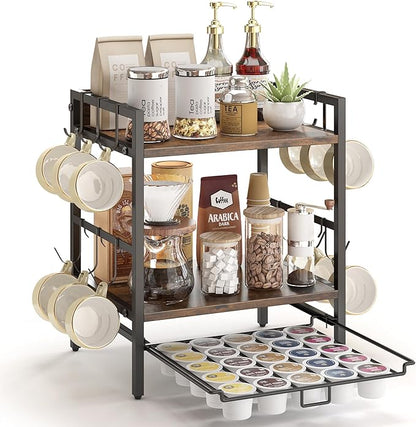 Coffee-Bar-Organizer With 25 K Cup & 12 Mup Holder, 3-Tier Kitchen Countertop Organizer For Coffee Station, Coffee Bar Shelf For Counter