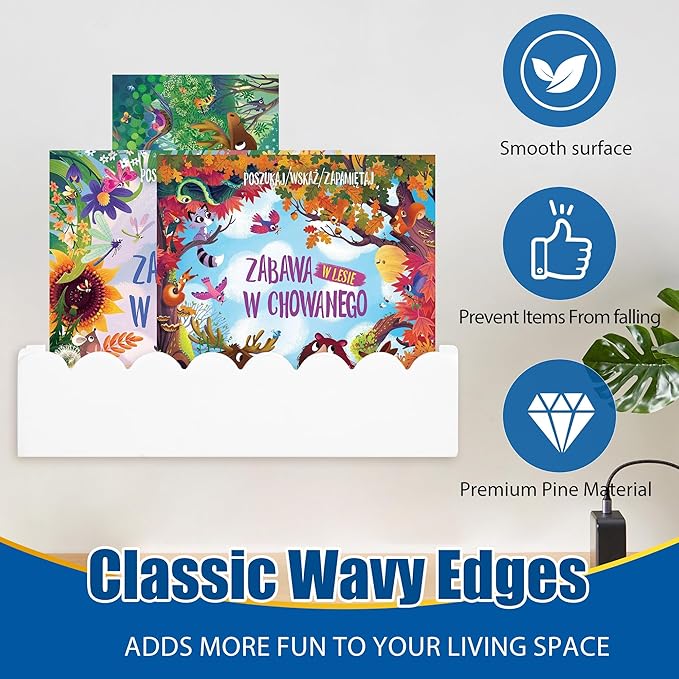 Wood Floating Shelves for Wall,Nursery Bookshelf,Kids Book Shelf,Baby Toys Storage Decor Organizer Wall Mounted for Living Room Bedroom,Wavy Edge,Preassembled,2 Pack,Scalloped Pine(White)