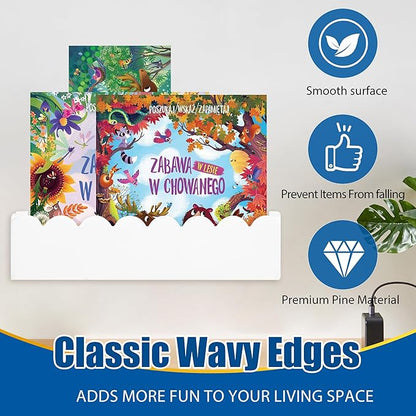Wood Floating Shelves for Wall,Nursery Bookshelf,Kids Book Shelf,Baby Toys Storage Decor Organizer Wall Mounted for Living Room Bedroom,Wavy Edge,Preassembled,4 Pack,Scalloped Pine(White)