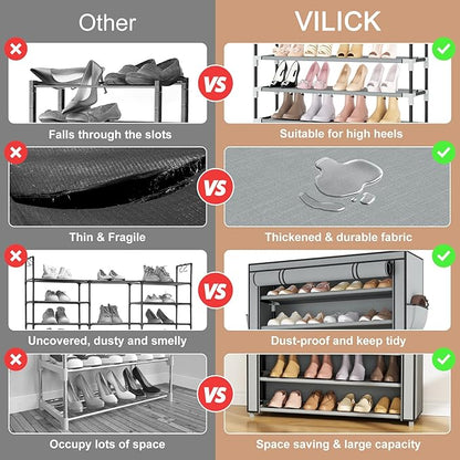 Shoe Rack with Cover Narrow Shoe Organizer with Pockets 10 Tier Tall Shoe Storage Holds 36-41 Pairs Shoes and Boots Shoe Rack for Closet Entryway Garage, Grey