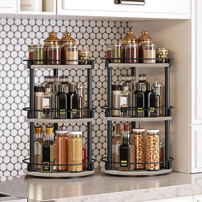 Spice Rack, Set of 2 Lazy Susan Organizer, 3-Tier Turntable Organizer, Rotating Spice Rack Organizer For Cabinet, Compact and Versatile, Greige and Black SR23L2BG