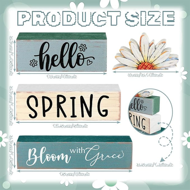 Amyhill Hello Spring Decoration Easter Home Decoration Daisy Table Wooden Sign Spring Easter Centerpiece Pastel Wooden Block for Farmhouse Shelf Office Tabletop Decor