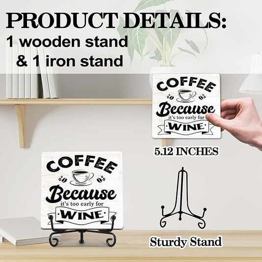 Coffee Bar Decor, Farmhouse Kitchen Table Decor, Coffee Station Accessories, Wooden Decorative Sign with Iron Stand for Table Desk Shelf Display-E19