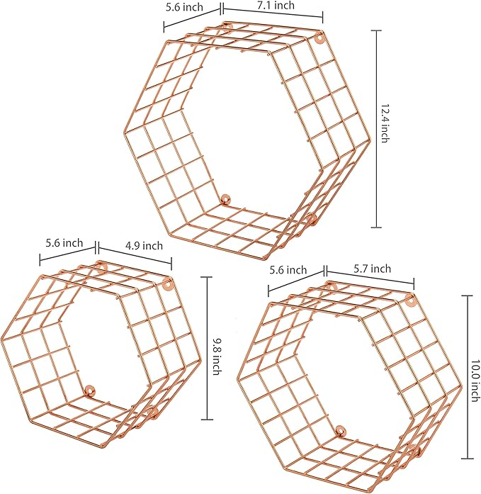 MyGift Copper Floating Hexagon Shelves, Hexagonal Copper-Tone Wire Wall-Mounted Hanging Shelf, Set of 3