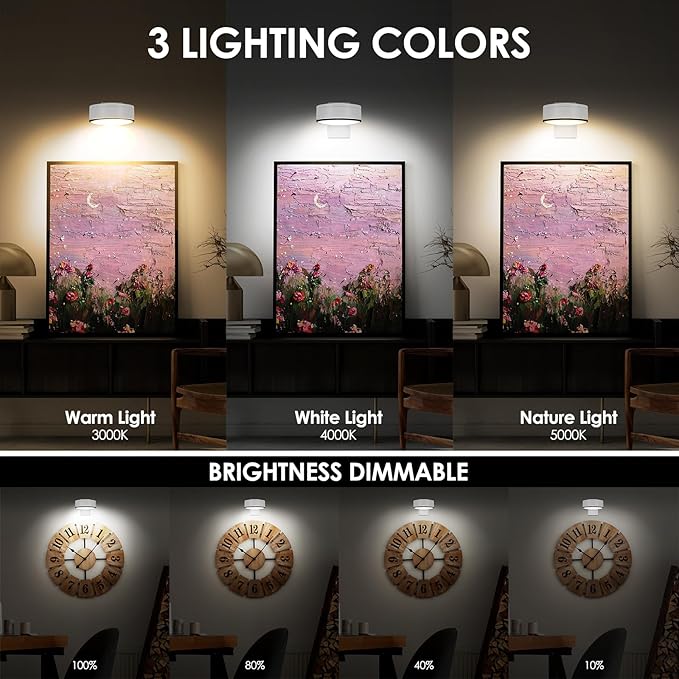 3Pcs Battery Picture Lights, Remote Painting Light for Art Disaplay,Magnetic Wall Picture Light Up/Down Light,Dimmable & Timer, 200LM 3 Lighting for Gallery Dartboard Frame Pictures