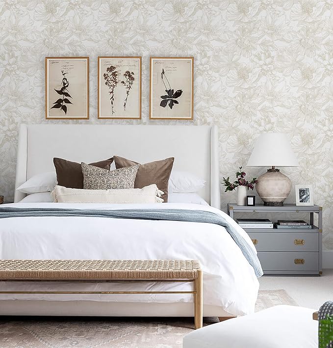 Ismoon Large Floral Peel and Stick Wallpaper Boho Beige/Coffee Contact Paper 17.3inx32.8ft Modern Wall Paper Removable Self Adhesive Bedroom Cabinet Bathroom Waterproof Mural Wall Decor Vinyl Roll