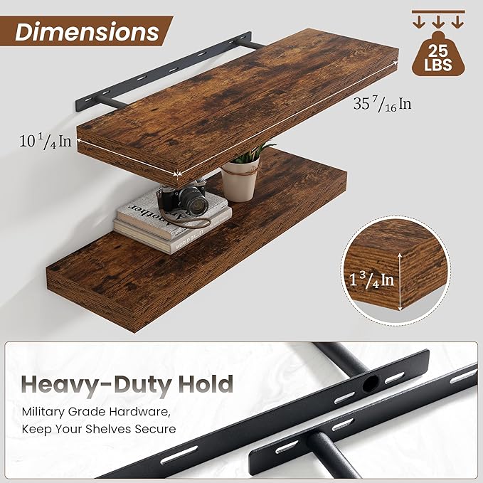 Heimlove 36 Inch Floating Shelves for Wall,10 Deep Brown Wood Shelves with Invisible Brackets,Wall Mounted Storage & Display Shelves for Bedroom,Living Room,Kitchen,Office