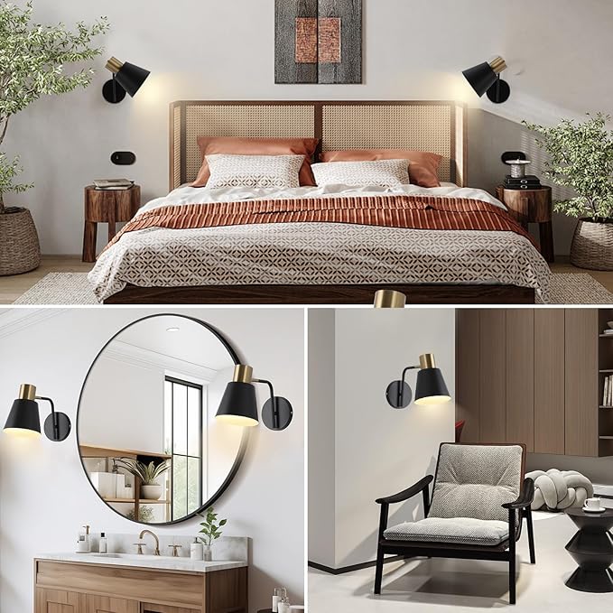 Battery Operated Wall Sconce Set of 2,Rechargeable Wall Lights with Remote Control,Black Gold Modern Wall Sconces Dimmable,15 Colors,Wireless LED Wall Lamp for Bedroom Living Room Farmhouse Hallway