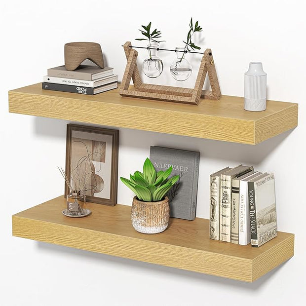 24 Inch Floating Shelves for Wall, Wooden Wall Mounted Display Shelves with Invisible Brackets for Living Room, Bedroom, Bathroom, Kitchen Decor and Storage, Set of 2, Oak
