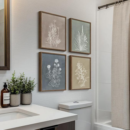 Boho Framed Botanical Wall Art for Bathroom Decor, 4 Piece Rustic Floral Canvas Painting Prints Artwork for Walls, Vintage Neutral Flower Pictures for Farmhouse Bedroom Dining Room Kitchen, 8x10 Inch