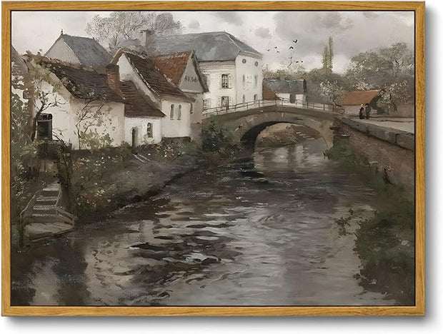 OIQArtOIQ Vintage Landscape Canvas Wall Art Framed Natural Scenery Painting Artwork Prints France Country Wilderness Farmhouse Decor Pictures Kitchen Bedroom Living Room Bathroom