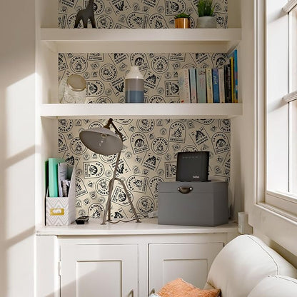 FLFK Beige Wallpaper Peel and Stick Antique Campfire Postmark Contact Paper Removable Self Adhesive Wall Paper for Bedroom Shelf Cabinet Drawers Countertops 16" x 64"