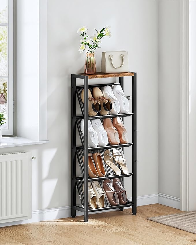 Shoe Rack, 5-Tier Slanted Shoe Rack, Narrow Shoe Storage Shelf, Slim Shoe Organizer for Entryway, Space-Saving, Wooden Top and Metal Frame, for Entryway, Hallway Rustic Brown and Black TXJ03BF