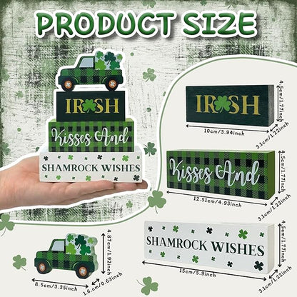 St. Patrick's Day Decorations, 4 Pcs Wooden St. Patrick's Day Table Decorations, Shamrock Truck Tiered Tray Decor, Wooden Table Sign for Desk Shelf Mantel Centerpiece, Indoor Home Decor
