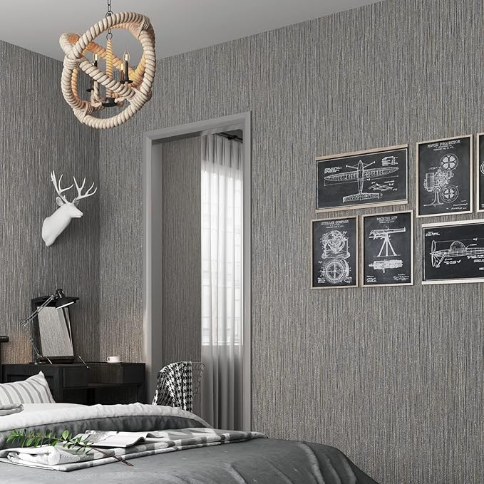 Haimin Grasscloth Wallpaper Textured 24in X 393in Fabric Contact Paper Brown Wall Paper Textured Linen Wallpaper Peel and Stick Self-Adhesive Thick Vinyl Embossed Film Wallpaper (Gray Brown)