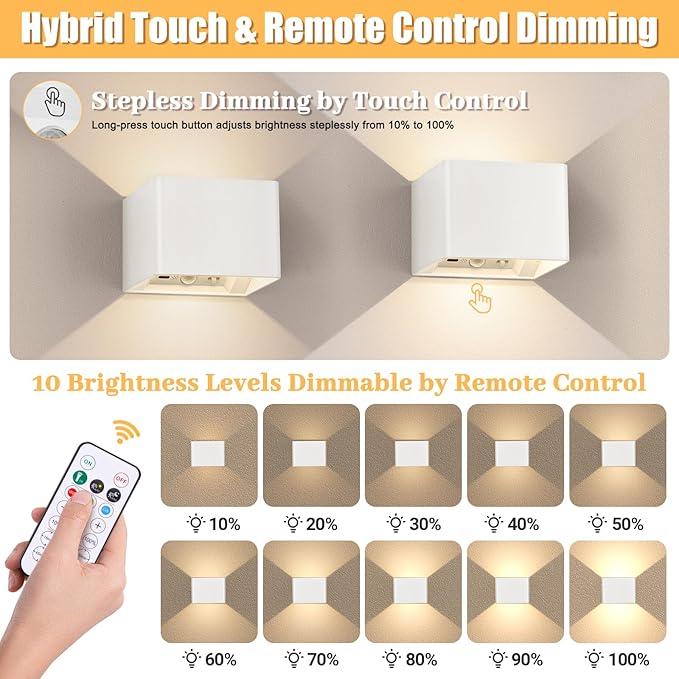 Yochoice Motion Sensor Wall Light Indoor Set of 2, 6000mAh Wireless Rechargeable Battery Operated LED Sconce Up Down with Touch Remote Control, Battery Powered Magnetic Wall Lamps with 3CCT, White
