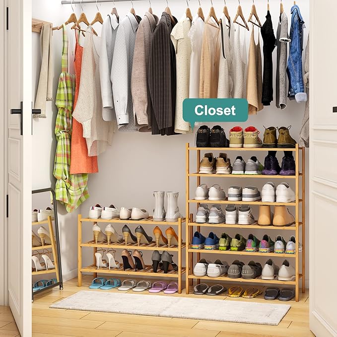 6-Tier Bamboo Shoe Rack for Entryway, Stackable | Foldable | Natural, Shoe Organizer for Hallway Closet, Free Standing Shoe Racks for Indoor Outdoor