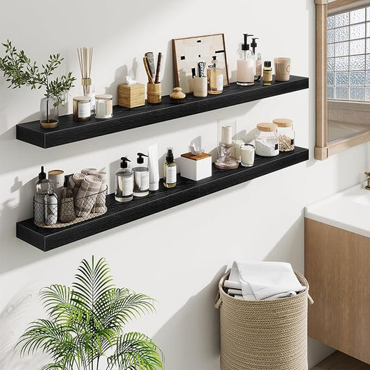 Fun Memories 55 Inch Floating Shelves Bedroom, Large Extra Floating Shelf Set of 2 with Invisible Brackets, Black