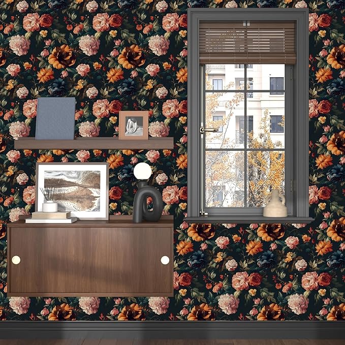 Colorful Floral Peel and Stick Wallpaper Gothic Dark Contact Paper Orange Flower Vintage Wall Mural for Bedroom Bathroom Vinyl Waterproof Self Adhesive Removable Renter Dorm Wall Paper 17.5
