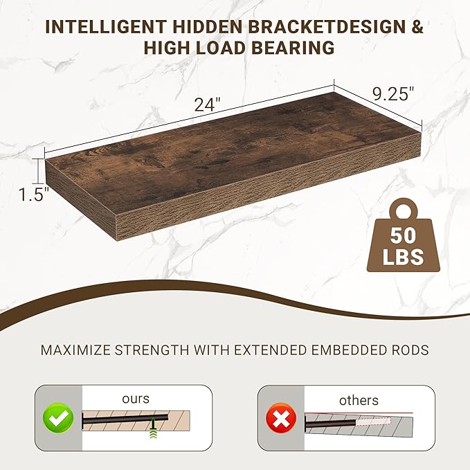 24 Inch Floating Shelves, 3D Textured 24"x9.25"x1.5" Inch Deep Floating Shelves for Wall, Wooden Shelves for Bathroom, Bedroom, Living Room, Brown, 2 Pieces