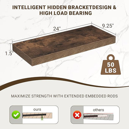 24 Inch Floating Shelves, 3D Textured 24"x9.25"x1.5" Inch Deep Floating Shelves for Wall, Wooden Shelves for Bathroom, Bedroom, Living Room, Brown, 2 Pieces