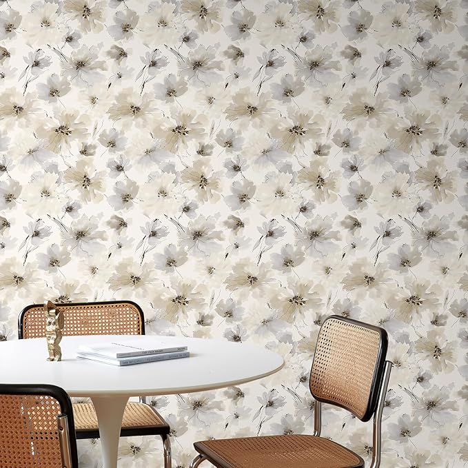Floral Peel and Stick Wallpaper, Beige Yellow Watercolor Flower Contact Paper Peel and Stick for Bedroom Bathroom, Vintage Removable Waterproof Self Adhesive Wall Paper 118 x 17.3in, 14.4 sq.ft