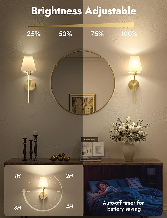 VOLISUN Battery Operated Wall Sconces Set of Two, Wireless Wall Sconces with Remote and Dimmable Bulbs, 9 Colors Battery Powered Wall Lights, Gold Rechargeable Wall Lamps for Bedroom (19.7 inch)