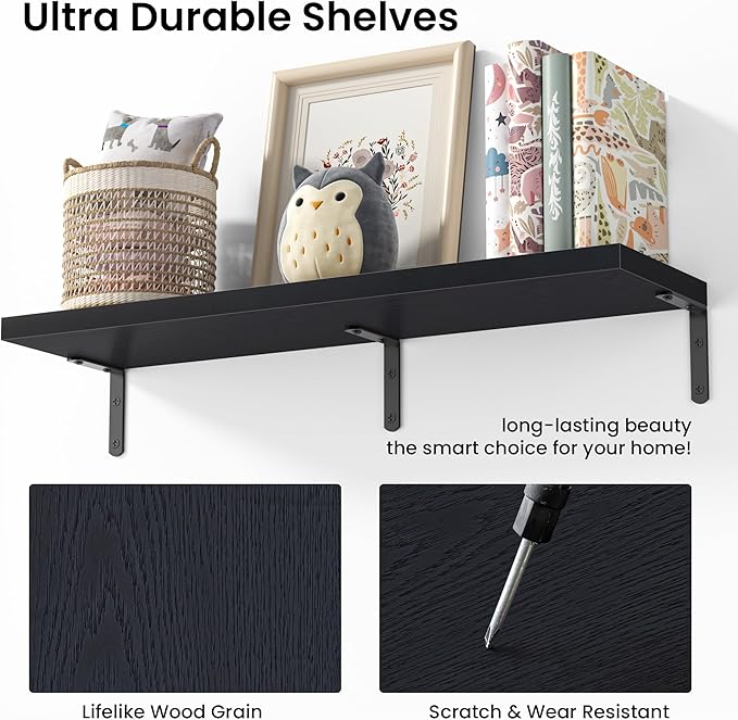 Marsmiles Extra Wide Floating Shelves for Wall, 40x8 Inch Natural Wood Grain Bookshelves, Heavy Duty Mounted Shelving for Bathroom, Kitchen, Living Room, Bedroom,Set of 2，Black