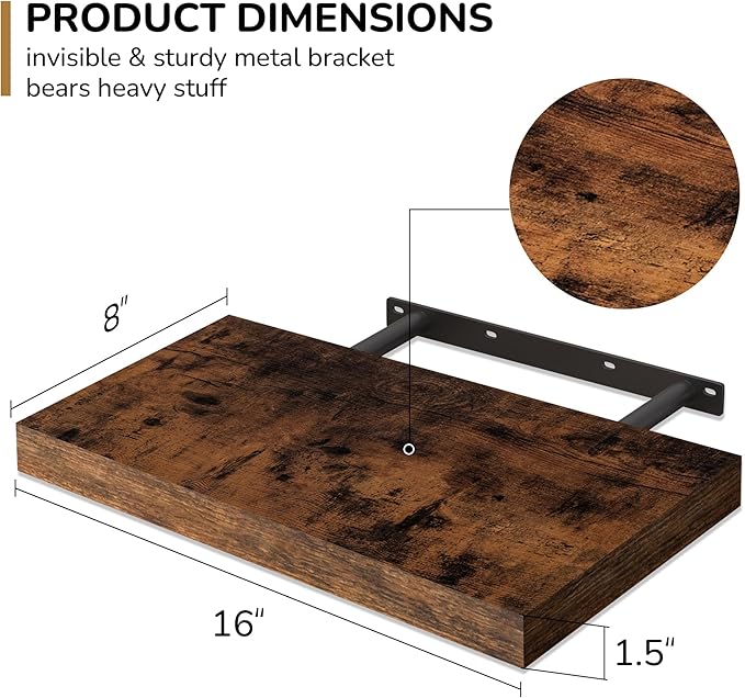 Fun Memories 16 Inch Floating Shelves - Deep Rustic Wooden Wall Shelves - Extra Deeper & Thicker Wall Mounted Storage Shelf for Bedroom, Kitchen, Farmhouse - 2 Pack, Rustic Brown