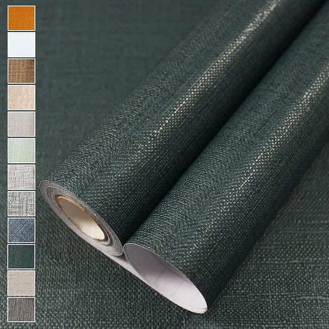 WADILE Grasscloth Peel and Stick Wallpaper 15.7in x 78.7in, Textured Contact Paper for Cabinets, Faux Linen Wall Paper Pull and Stick, Fabric Vinyl Wallpaper Self Adhesive Blackish Green